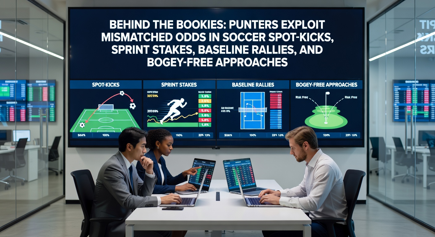 A dynamic split-image showing a soccer penalty kick, a horse sprinting on the track, a tennis baseline rally, and a golfer lining up a bogey-free approach shot, highlighting odds mismatch opportunities across sports