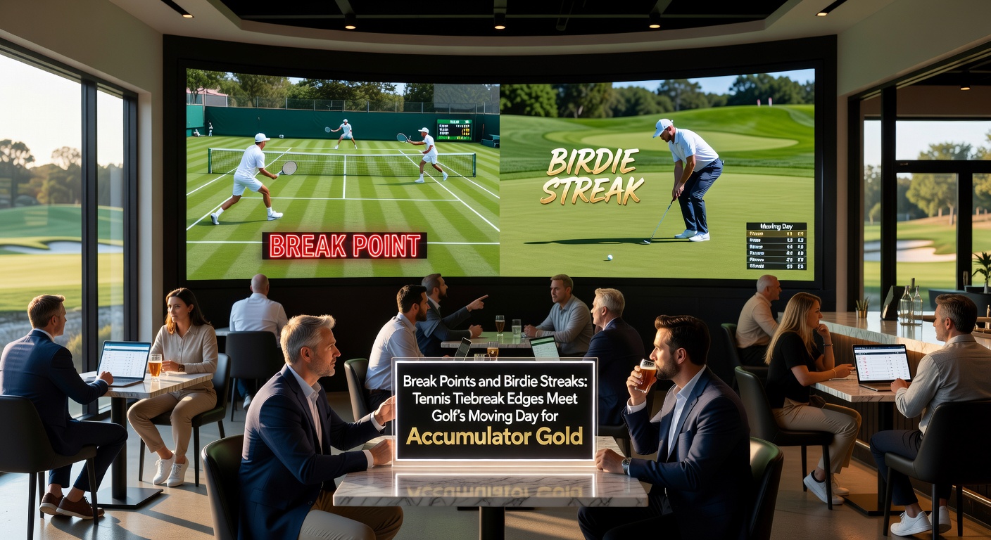 Tennis player converting a break point during a tense tiebreak, overlaid with golf imagery of a birdie putt on moving day