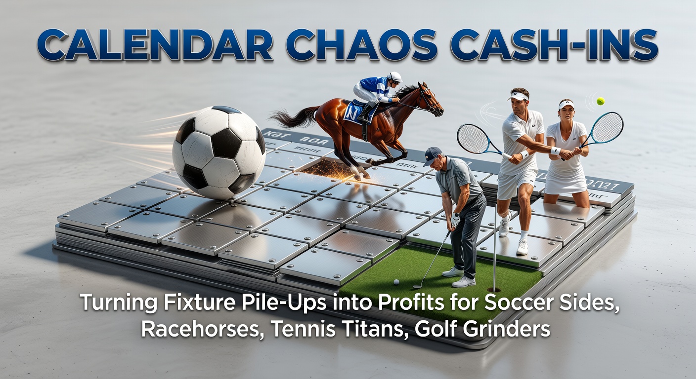 A packed soccer stadium under floodlights with overlapping fixture schedules displayed on screens, alongside racehorses thundering down the track, tennis players mid-rally on clay courts, and golfers navigating windy fairways during a major tournament