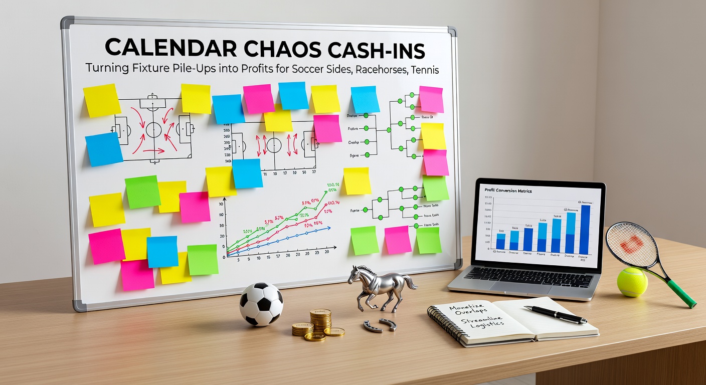 Racehorses charging neck-and-neck in a muddy spring sprint, with trainers checking schedules on tablets amid a backdrop of overlapping turf meets