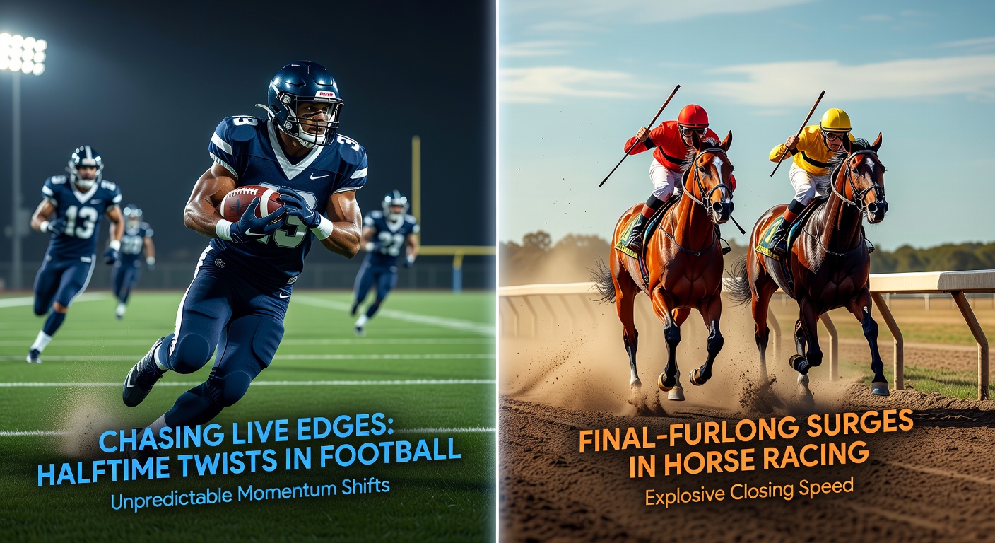 A horse surging powerfully in the final furlong of a race, kicking up turf as it overtakes leaders near the finish line amid cheering crowds