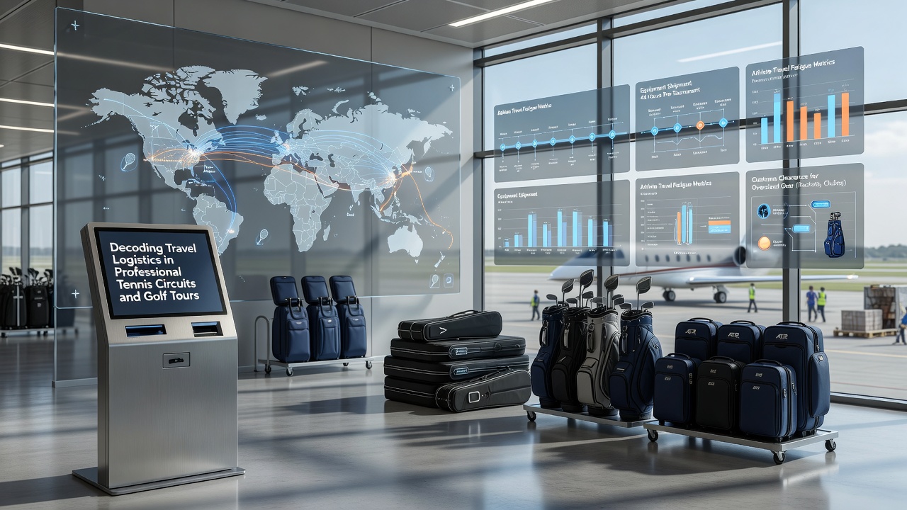 Golf tour professionals coordinating equipment transport and recovery schedules at an international airport hub