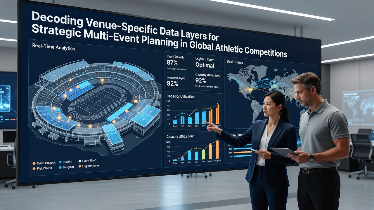 Data visualization dashboard displaying venue performance metrics and scheduling overlays for global competitions