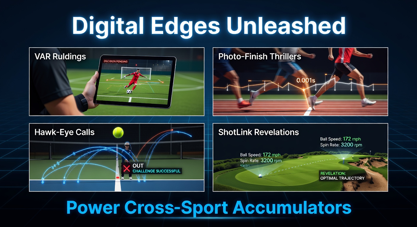 Digital technology in action: VAR screens, photo-finish displays, Hawk-Eye trajectories, and ShotLink visualizations across soccer, racing, tennis, and golf