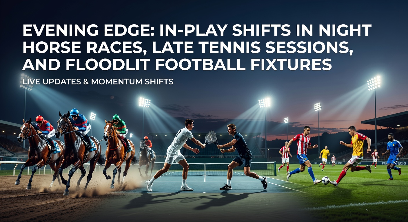 Floodlit football pitch under night lights with players in action, highlighting in-play momentum shifts during evening fixtures