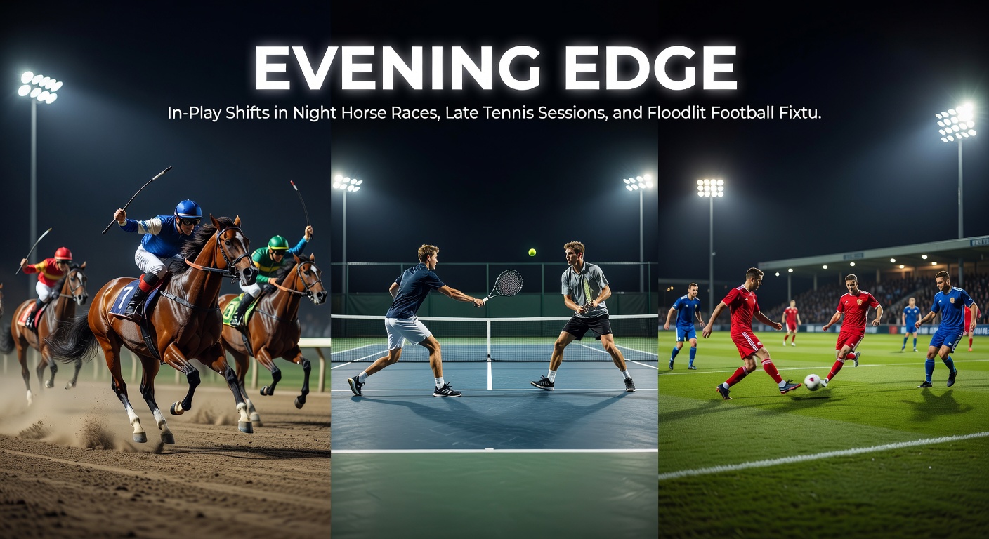 Horse racing under night floodlights at a packed track, capturing a dramatic in-play surge by a trailing contender