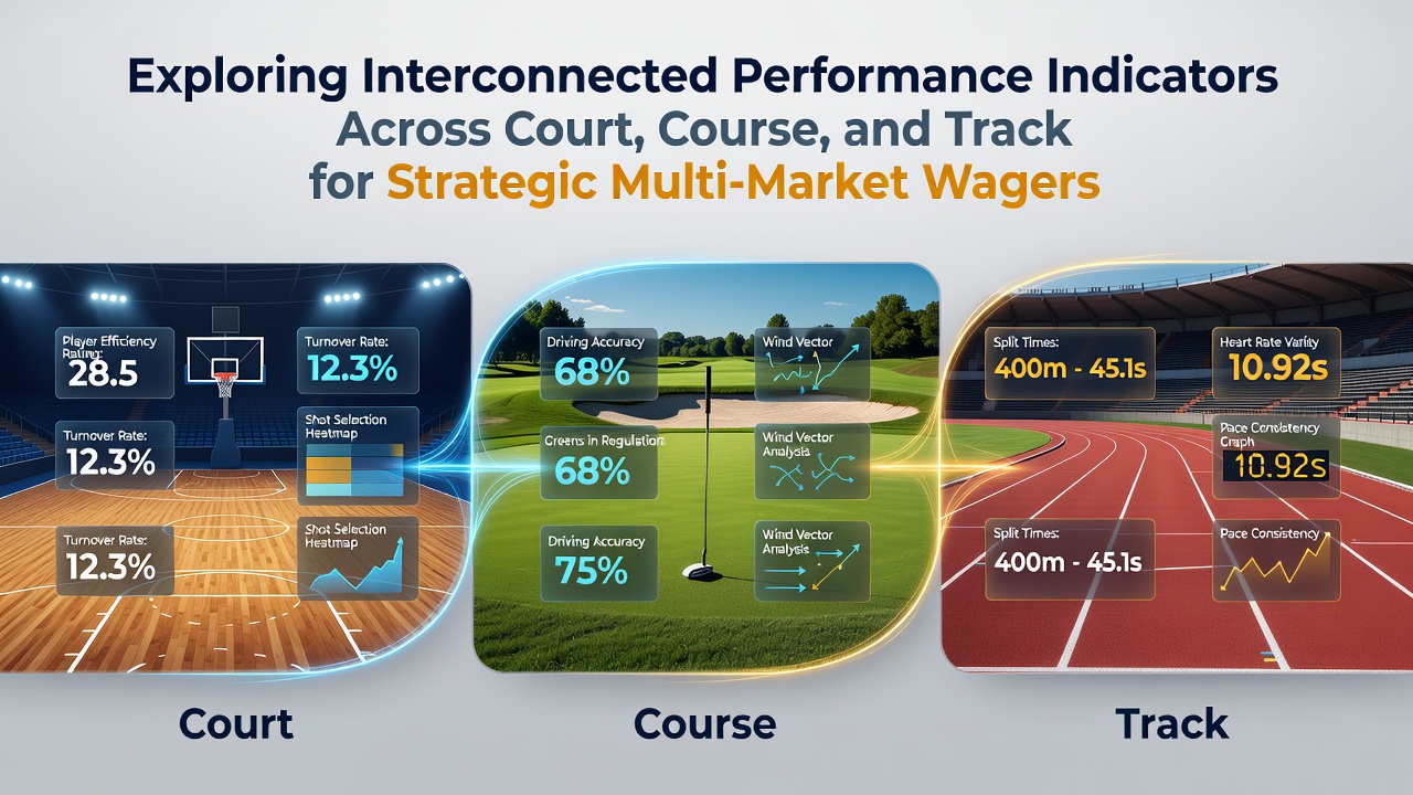 Performance indicators visualized across tennis court, golf course, and horse racing track surfaces