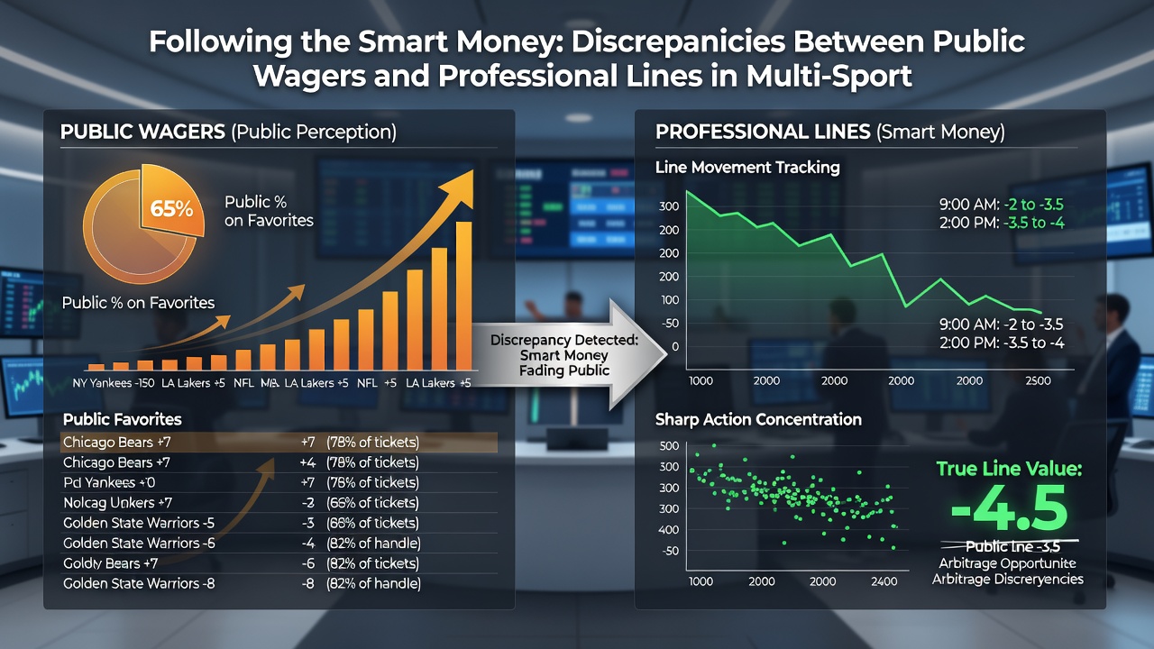 Detailed chart comparing public betting percentages to professional line shifts in football, tennis, and horse racing previews