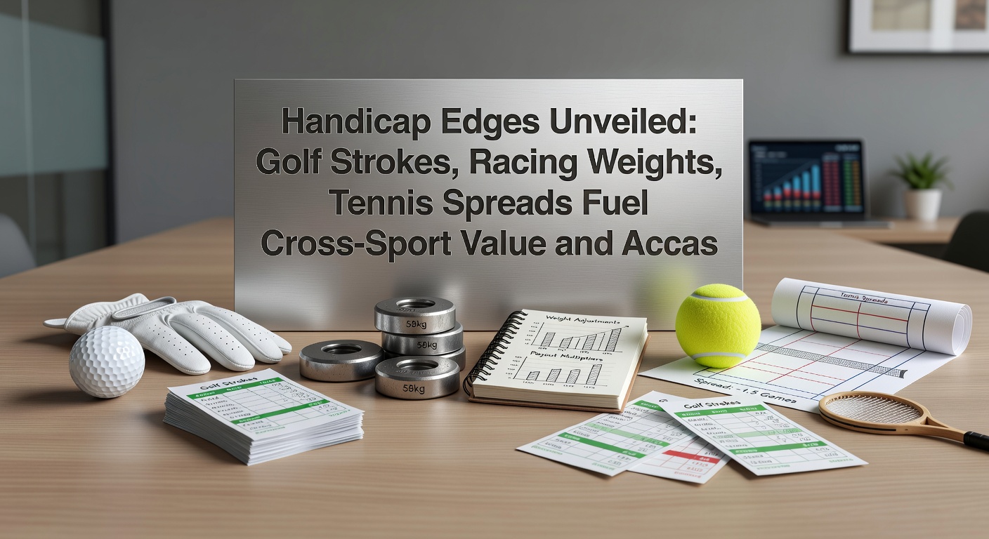 Golfers navigating a challenging course while a horse race and tennis match unfold in the background, highlighting handicap betting dynamics across sports