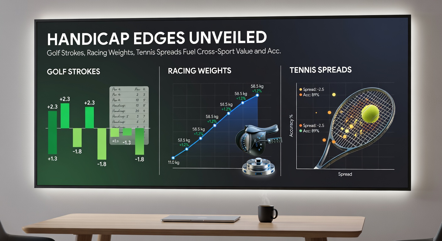 Close-up of a tennis player serving under handicap pressure, overlaid with golf handicap chart and horse racing weight saddle, symbolizing cross-sport accumulator potential