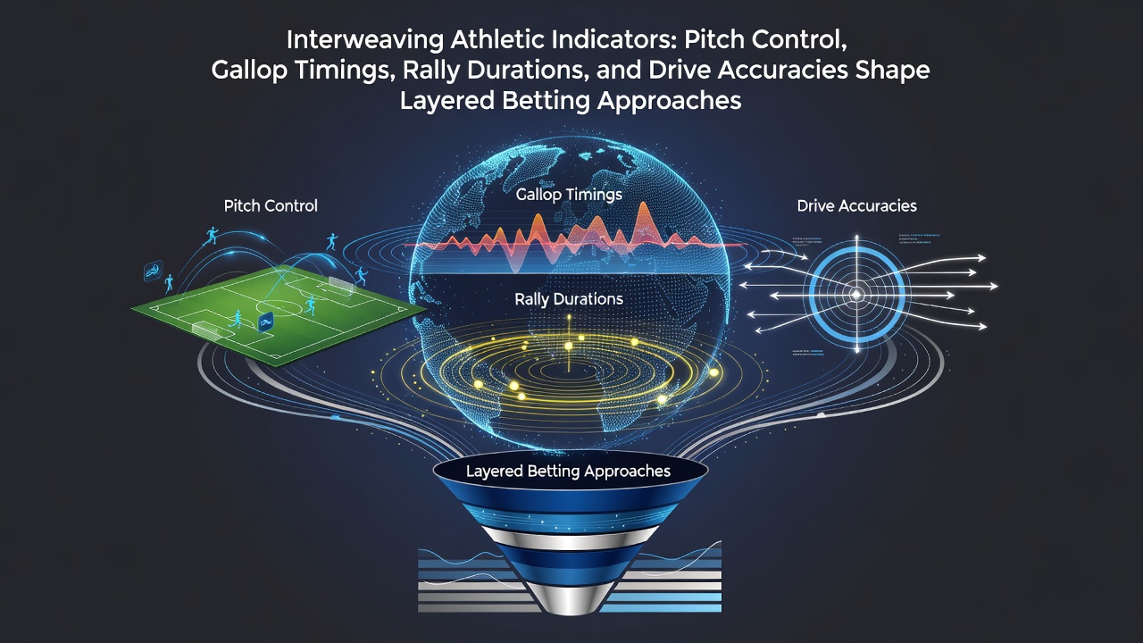 Athletic performance metrics visualized across football pitches, racing tracks, tennis courts, and golf fairways