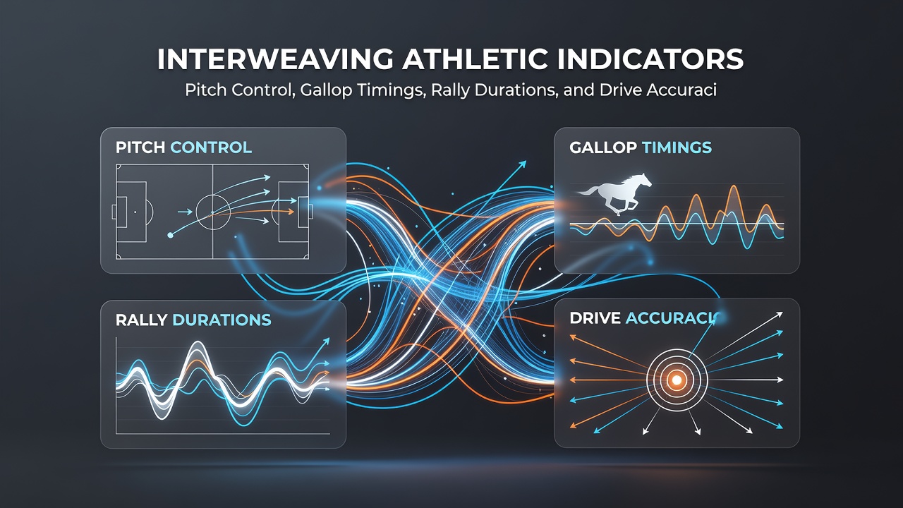 Integrated data layers showing connections between pitch control charts, gallop timing graphs, rally duration tables, and drive accuracy heatmaps