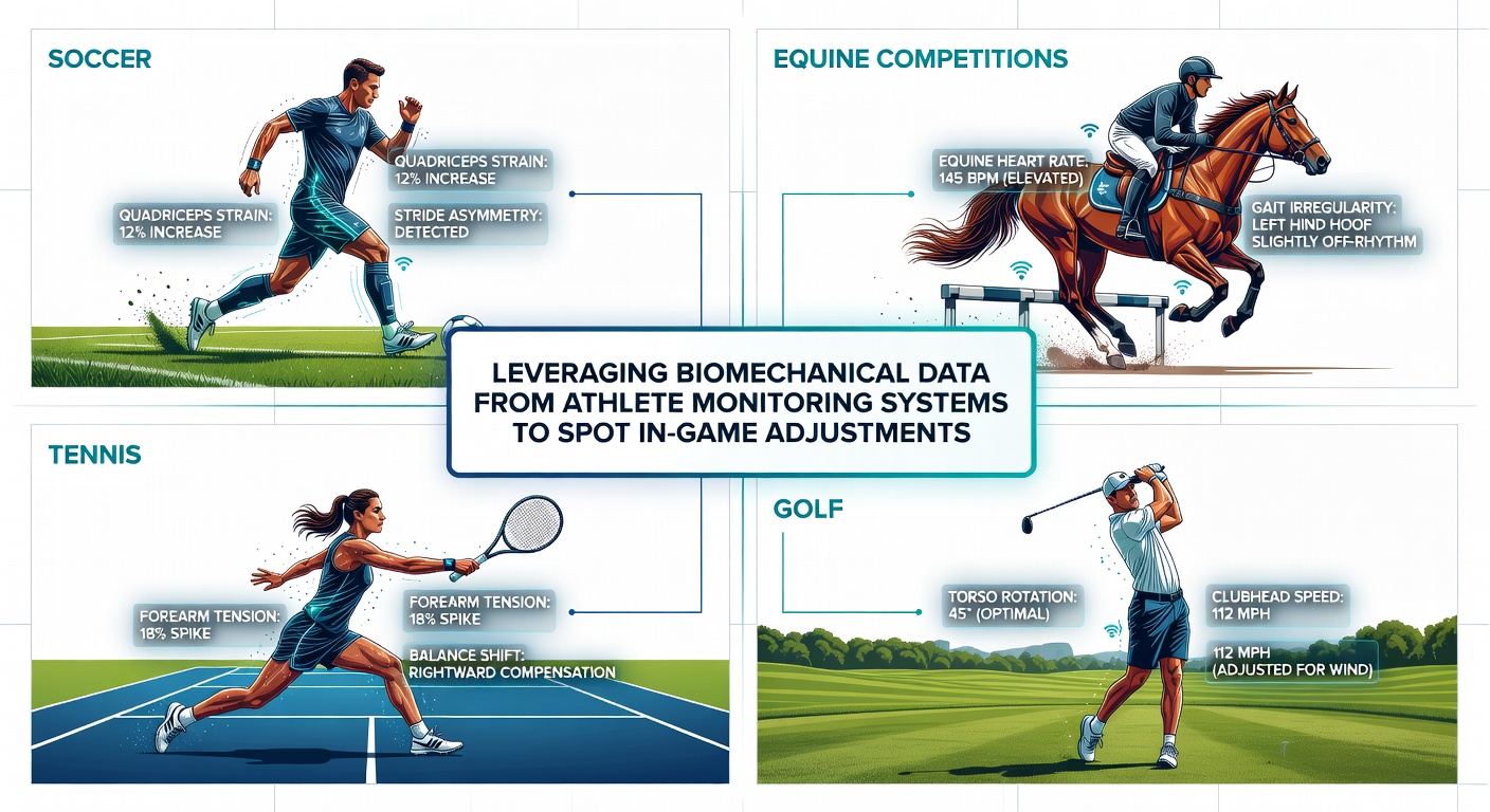 Athlete monitoring systems capturing biomechanical data during a soccer match with sensors tracking movement patterns