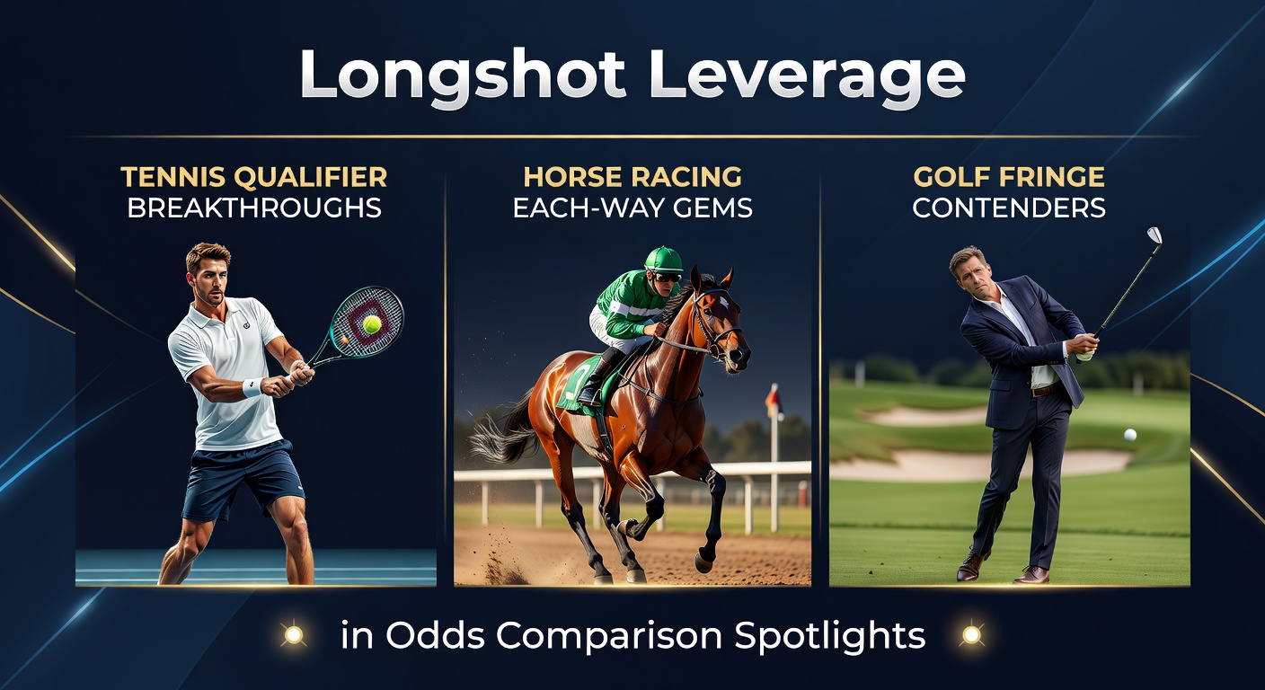 Tennis qualifier celebrating a breakthrough win alongside a horse crossing the finish line and a golfer sinking a crucial putt from the fringe