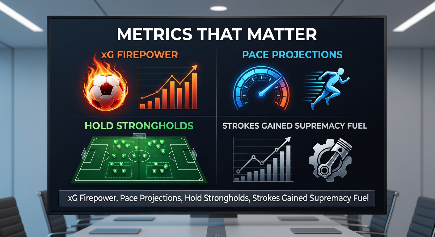 Split-screen visualization of a soccer pitch with xG heatmaps, a racetrack pace graph, tennis court hold percentage radar, and golf fairway strokes gained paths converging on betting slip icons