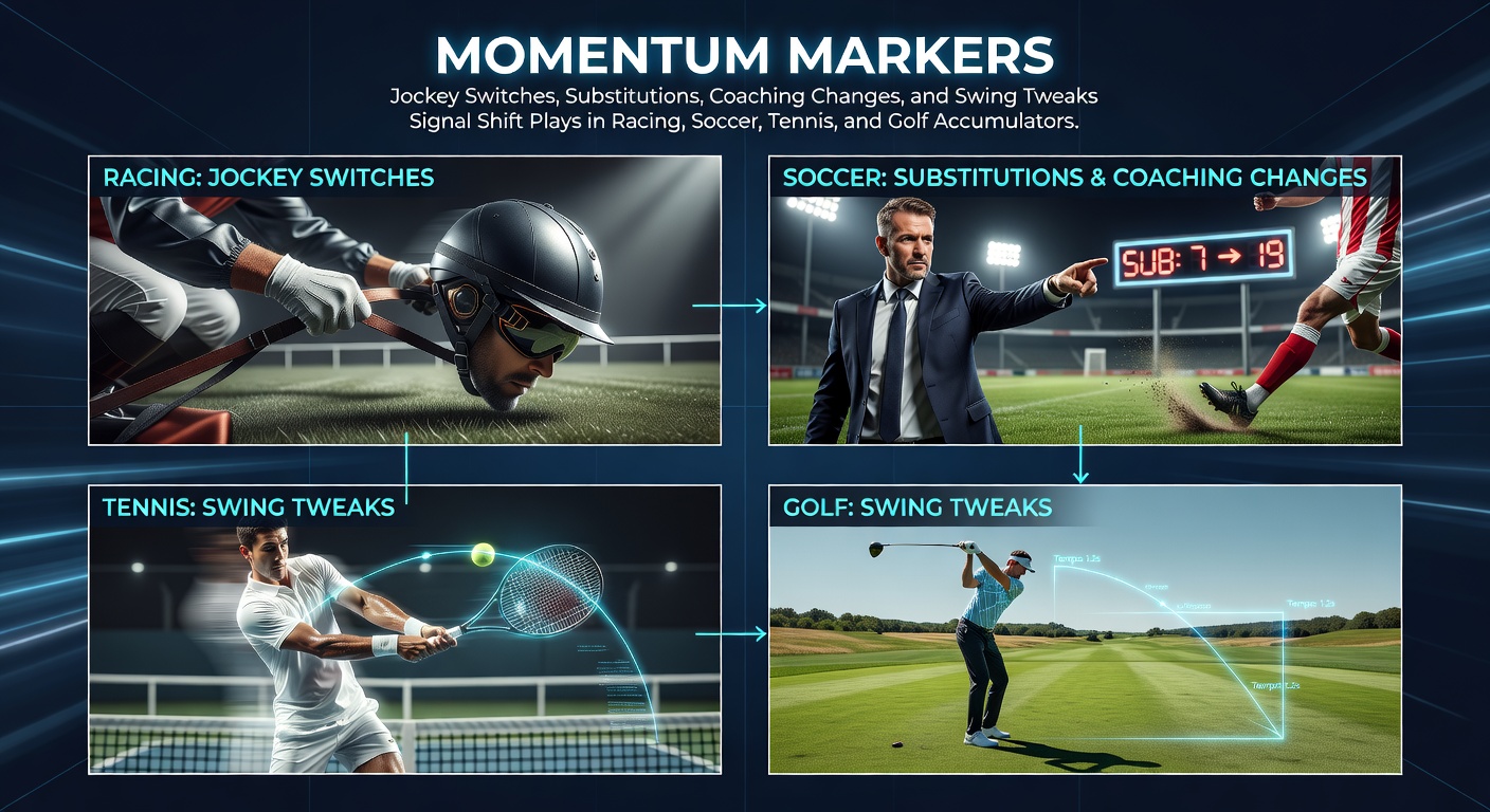 A dynamic split-image showing a jockey switching mounts mid-meet, a soccer manager gesturing substitutions, a tennis coach advising during a changeover, and a golfer tweaking swing mechanics on the range