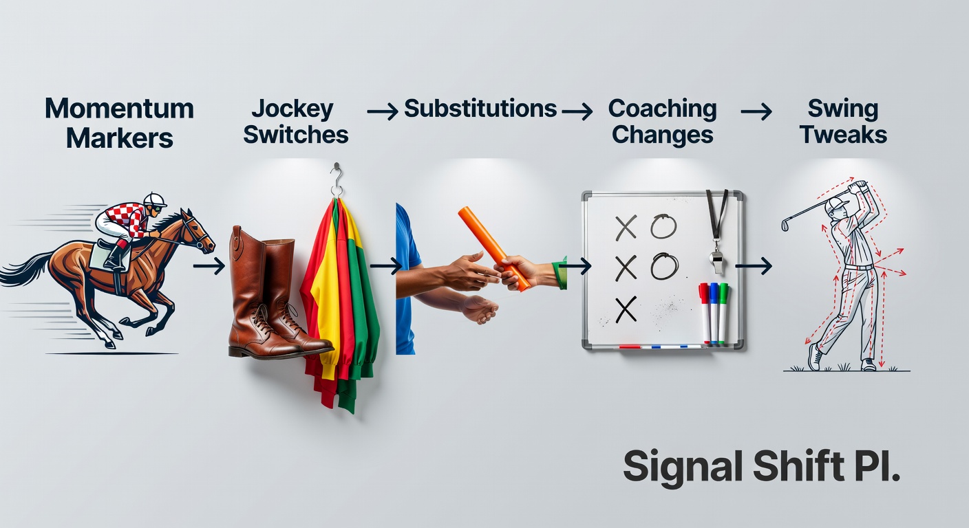 Collage of soccer substitutions in action, a racing jockey mid-switch, tennis coaching timeout intensity, and golf swing analysis on video replay