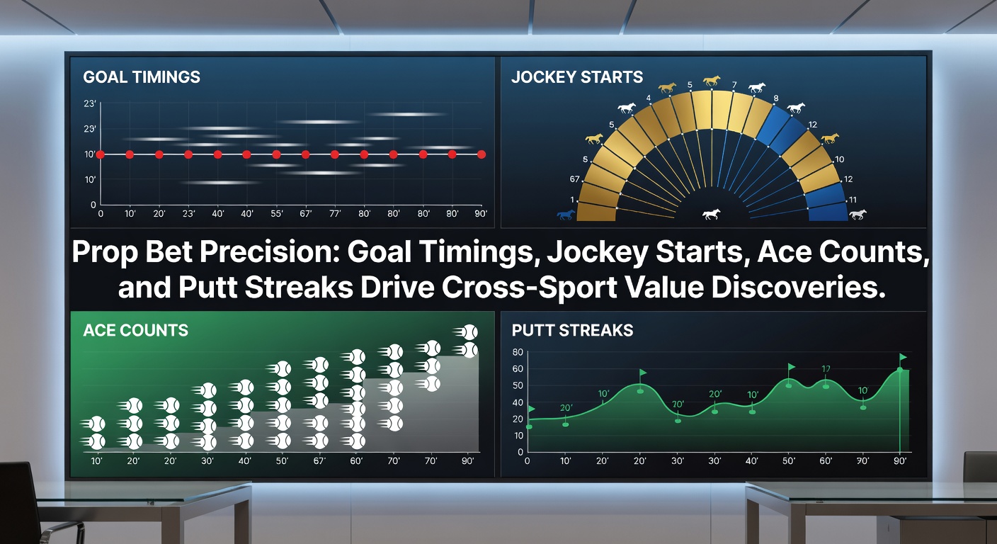 A dynamic split-image showing a soccer goal celebration, a horse bursting from the starting gate, a tennis ace serve, and a golfer sinking a crucial putt, highlighting prop bet action across sports