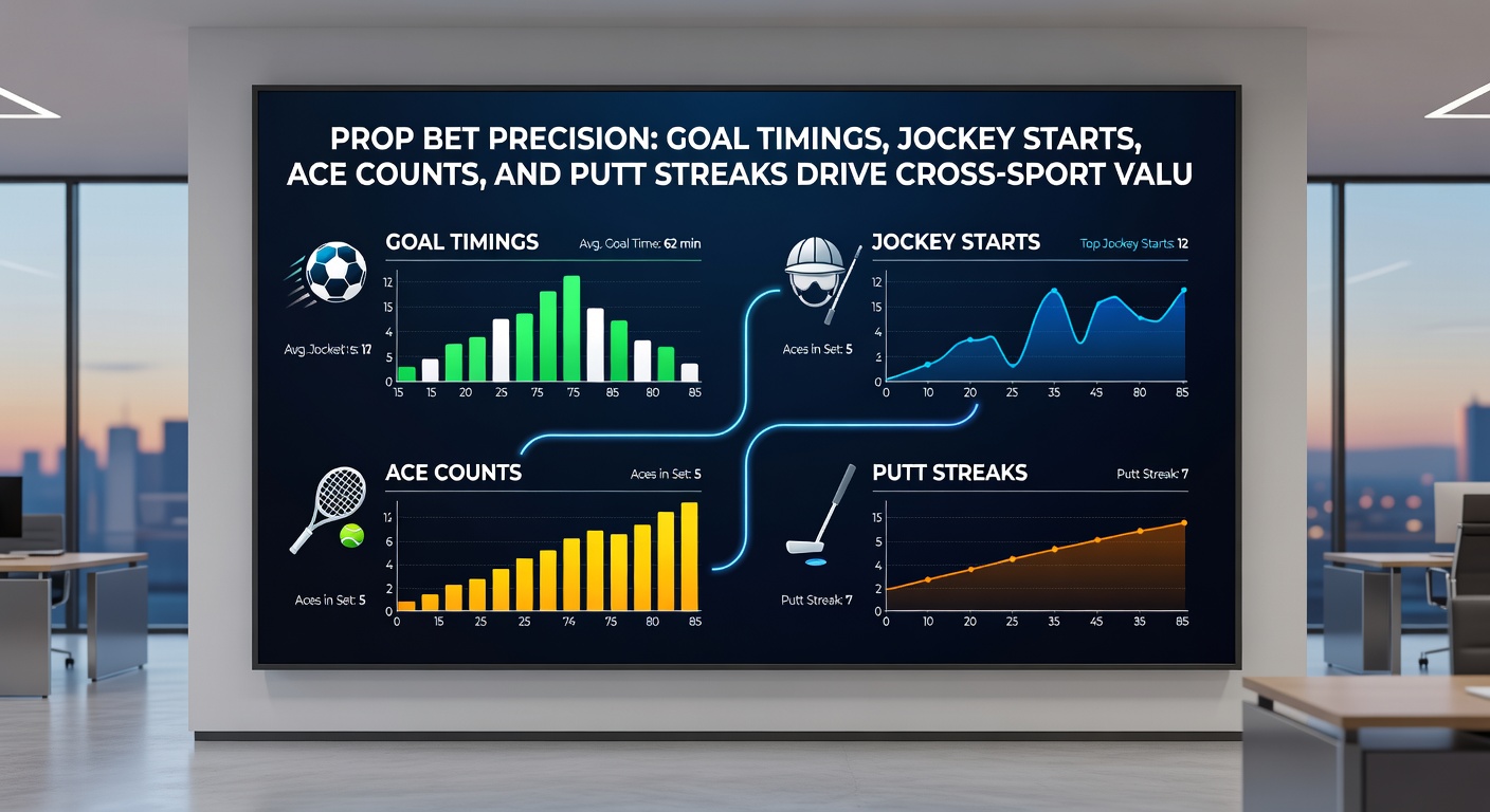 Collage of betting charts displaying goal timing distributions in soccer, jockey start speeds in racing, ace counts per set in tennis, and putt streak probabilities in golf, illustrating data-driven prop insights