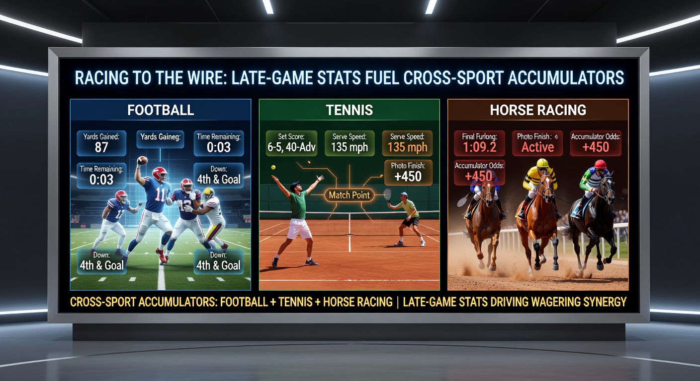 Horse racing field charging to the wire in a tight finish, jockeys urging mounts forward