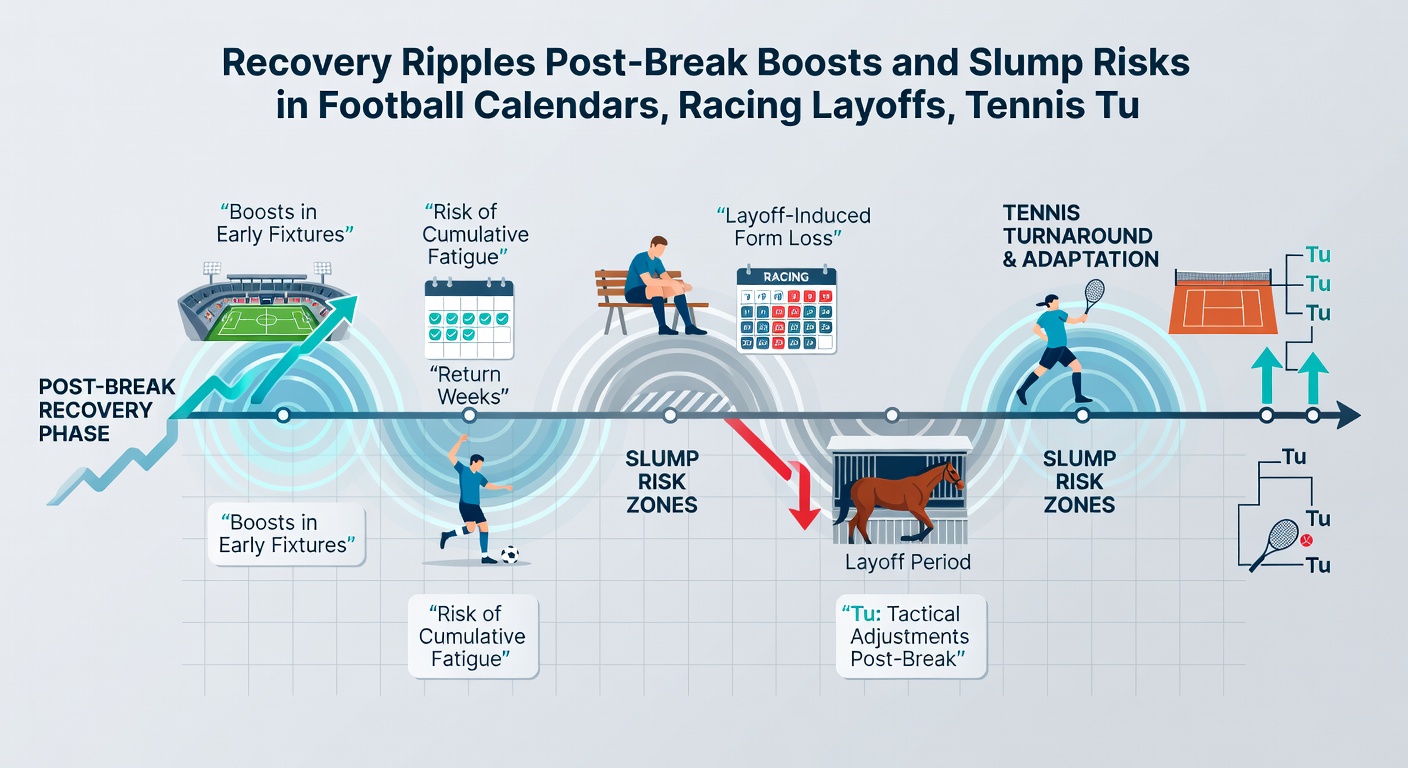 A horse charging down the straight after a layoff, with graphs comparing pre- and post-break speed figures alongside tennis serve speeds and golf approach stats