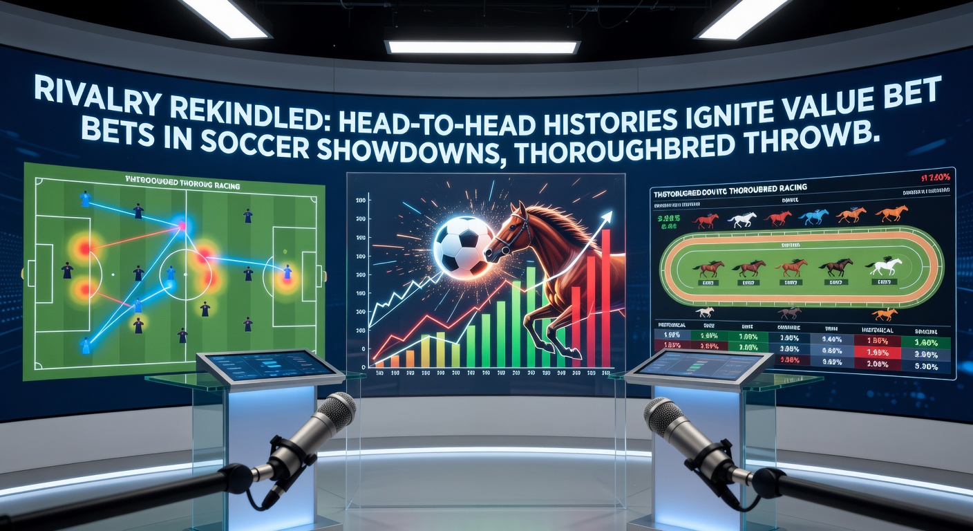 Two thoroughbred horses neck-and-neck in a historic rivalry race, jockeys urging them on under sunny skies