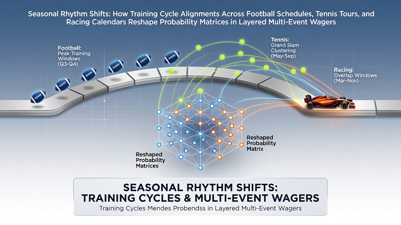 Training cycle alignments across football, tennis, and racing schedules visualized through seasonal calendars and performance data charts