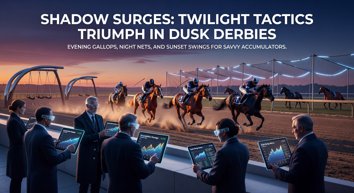 Twilight soccer match under fading light with long shadows stretching across the pitch, highlighting tactical shifts in dusk derbies