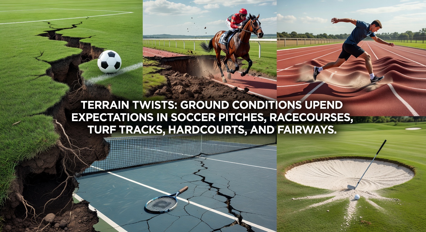 A soccer pitch soaked after heavy rain, showing puddles and uneven turf that alter ball movement during a match