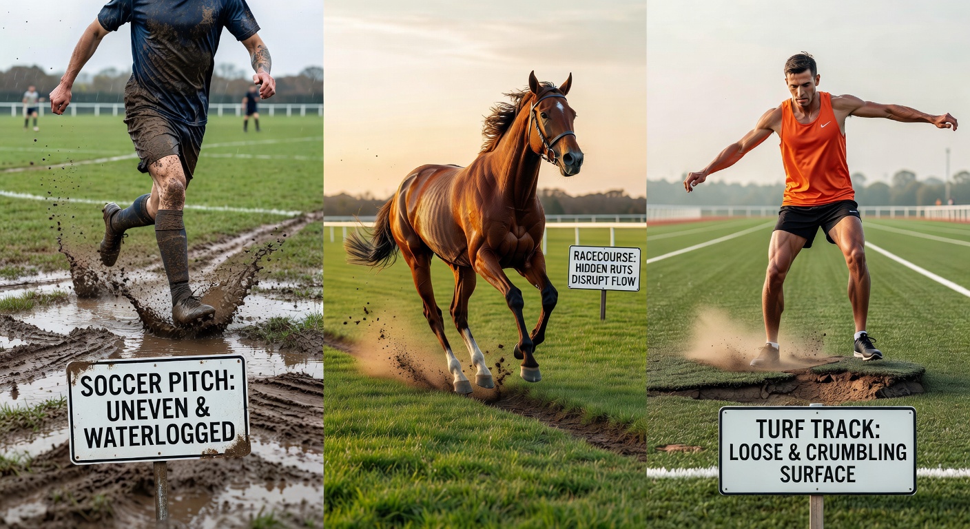 A horse racing track turned heavy and churned after rain, with jockeys navigating the challenging terrain during a race