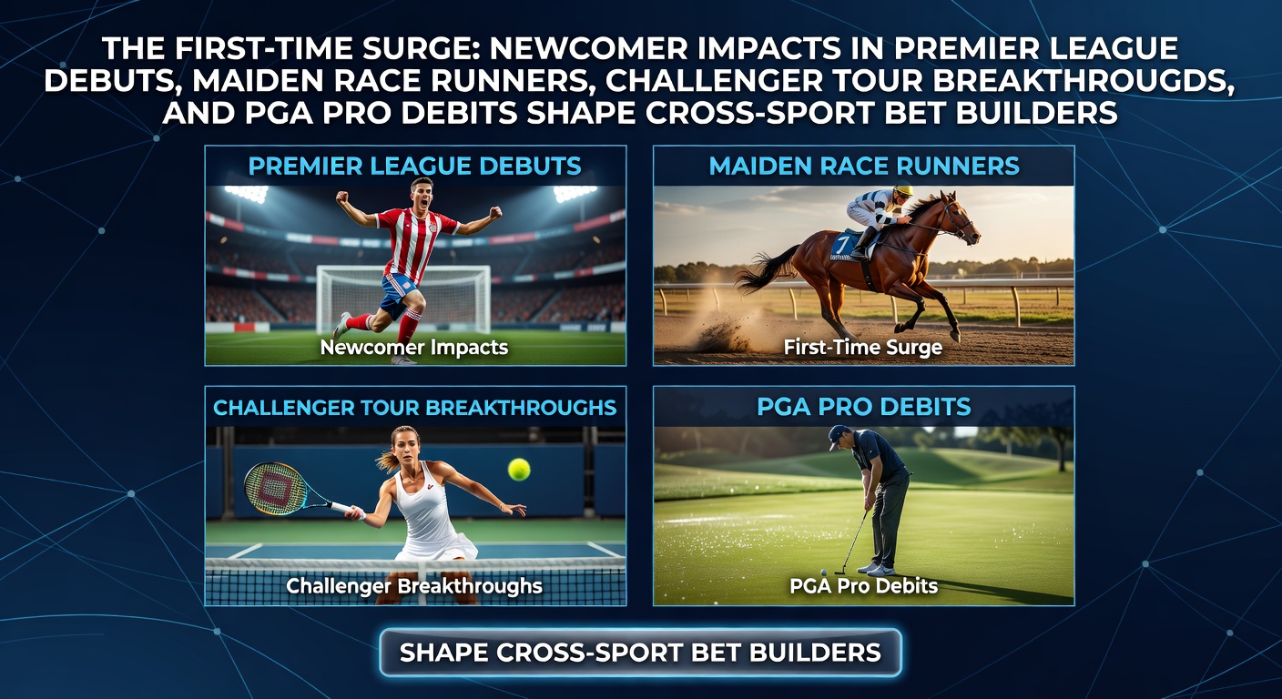 A dynamic composite image showing a Premier League debut goal celebration, a horse crossing the finish line in its maiden race, a tennis player fist-pumping on Challenger court, and a PGA pro sinking a debut putt under stadium lights