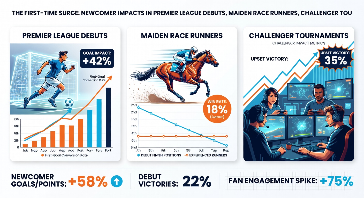 Split-screen action shot capturing a soccer debut corner kick, a maiden horse mid-gallop, tennis Challenger net rush, and PGA rookie eyeing a fairway approach