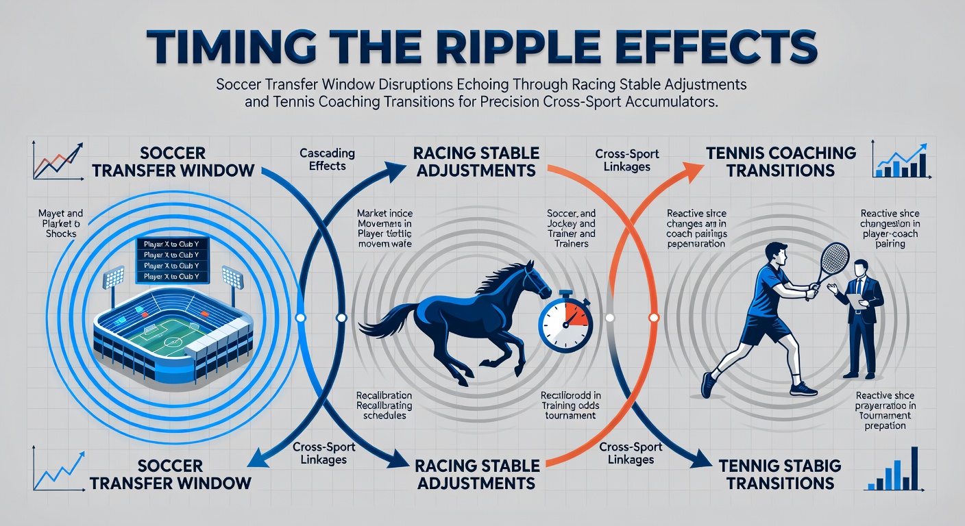 Soccer players and staff during transfer negotiations with overlaid charts showing impacts on racing and tennis schedules