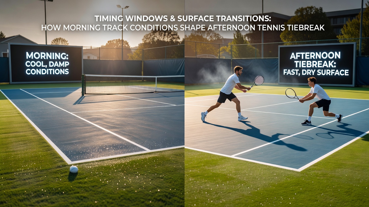 Afternoon tennis court with players in tiebreak situations linked to morning surface data