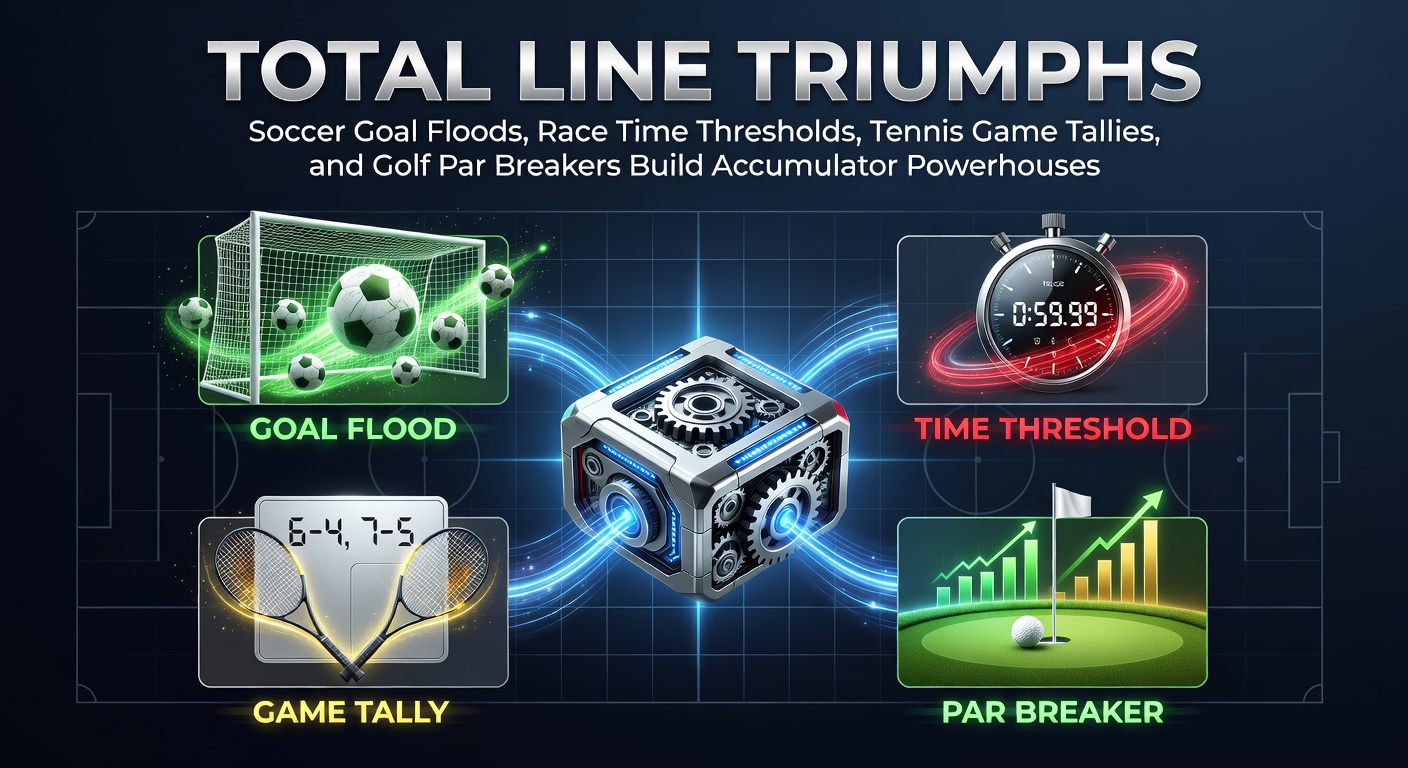 A dynamic collage showing soccer nets bulging with goals, horse racing clocks ticking thresholds, tennis scoreboards tallying games, and golf balls sinking birdies below par, illustrating accumulator bet potentials across sports