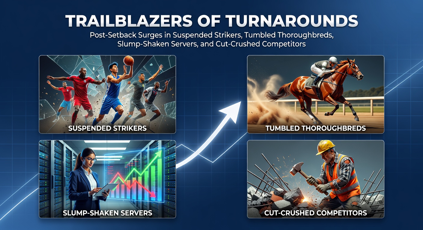 A dynamic split-image showing a soccer striker celebrating a goal, a horse surging ahead post-recovery, a tennis player acing a serve, and a golfer sinking a crucial putt after adversity