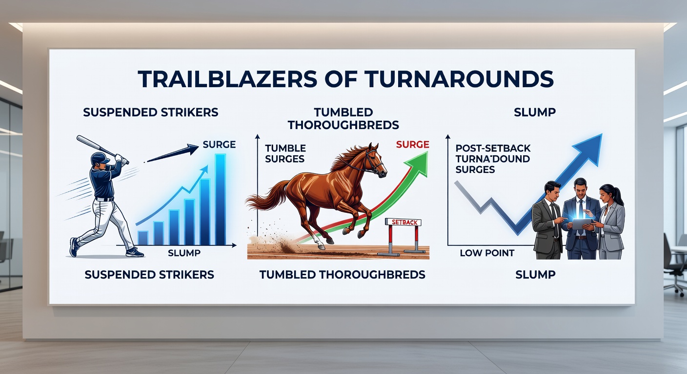 Collage of triumphant moments: a striker wheeling away in joy, a thoroughbred crossing the line first, a tennis ace fired down the line, and a golfer fist-pumping on the green amid comeback glory