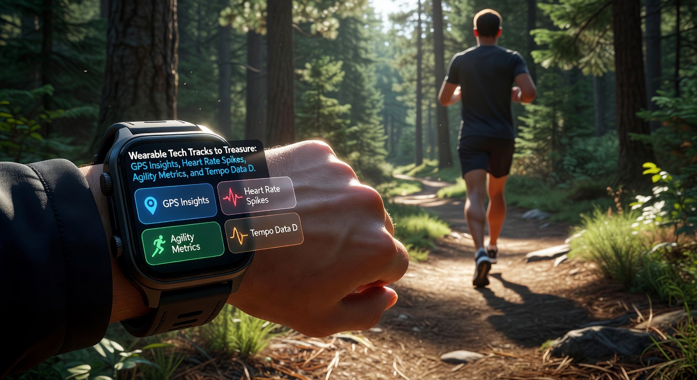 Tennis player lunging with agility sensor on wrist, overlaid with heart rate and GPS metrics graphs