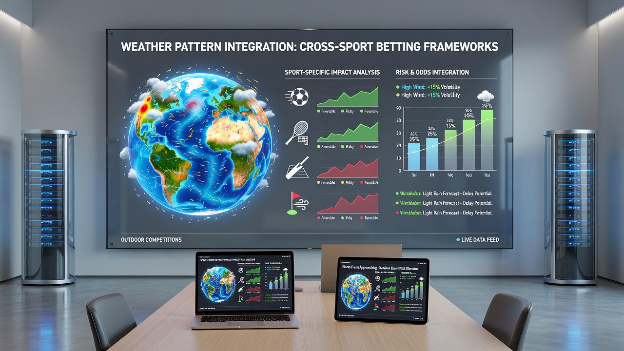 Integrated weather and betting analytics dashboard displaying cross-sport correlations for golf, tennis, horse racing and football