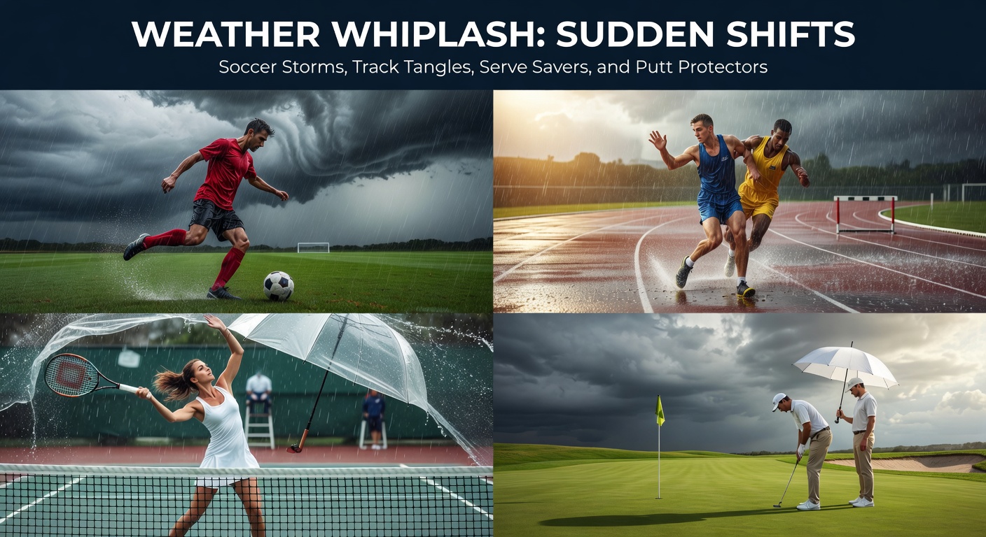 A soccer match under sudden heavy rain, players slipping on wet pitch with dark storm clouds overhead