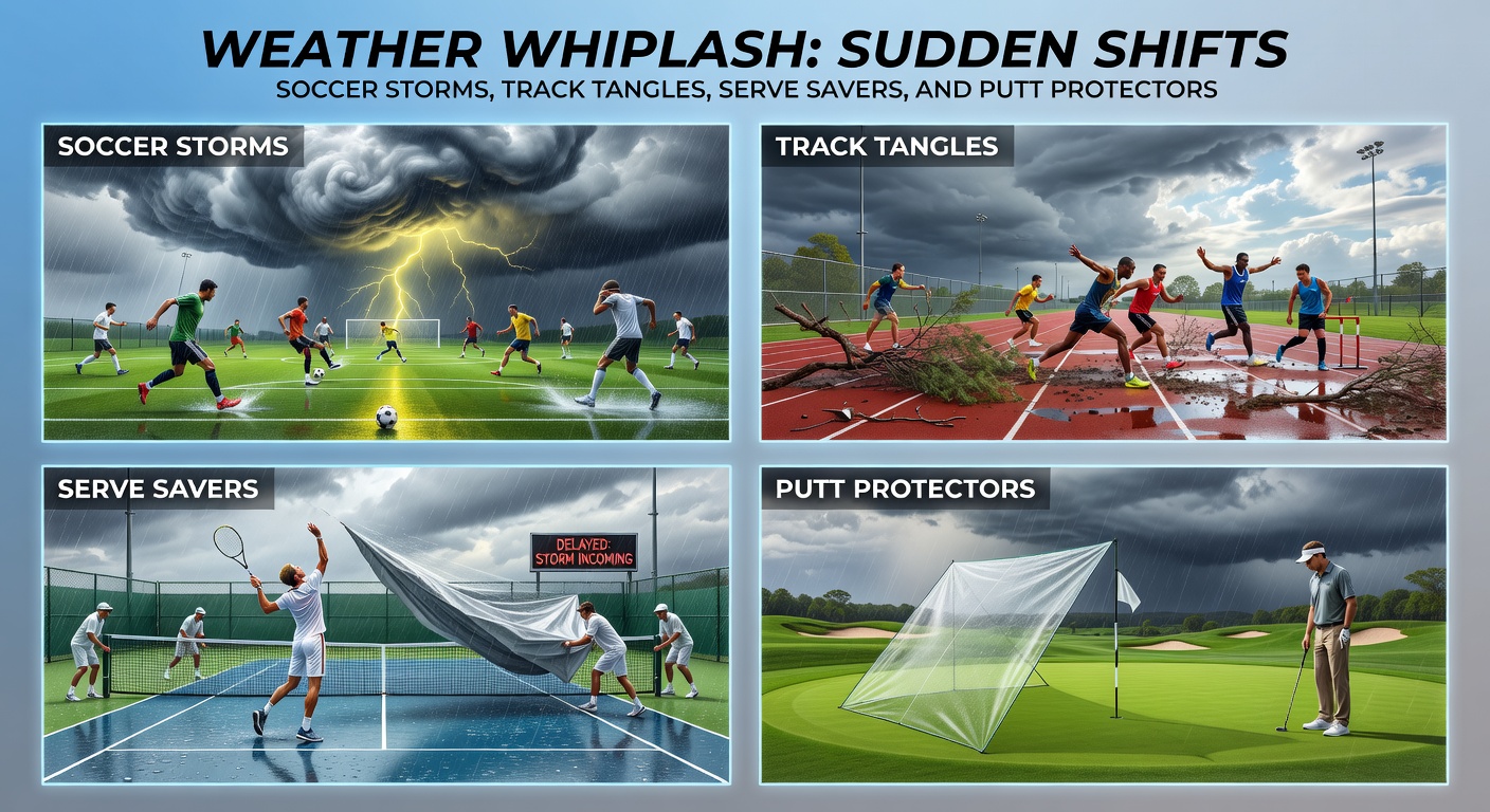 Horse racing track turning muddy under heavy rain, jockeys navigating tangles of water and slop during a sudden downpour