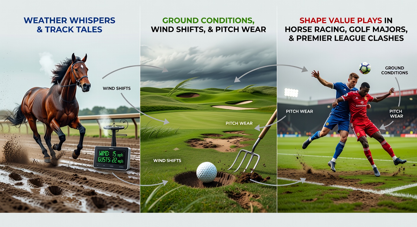 A horse racing track transforming under rain, with mud splashing and jockeys adapting to slick conditions during a high-stakes race