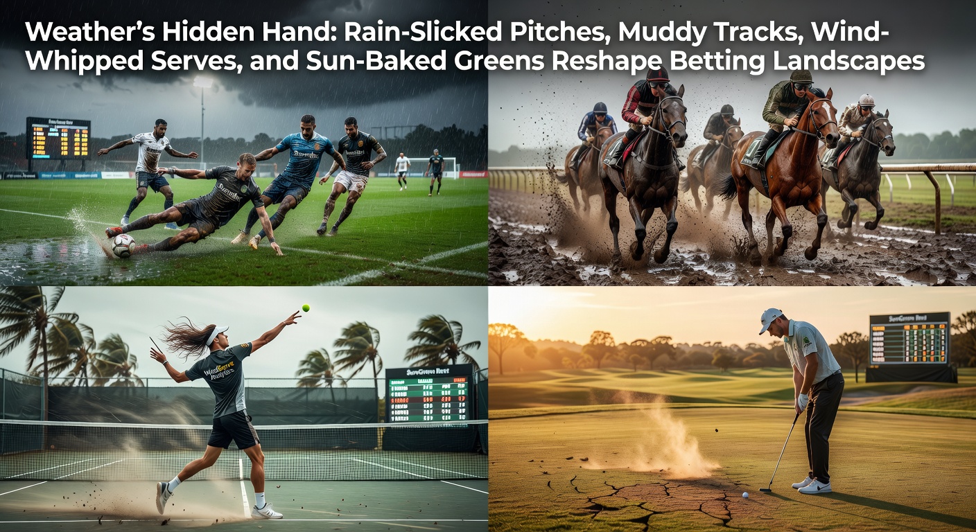 A rain-drenched soccer pitch where players slip during a high-stakes match, highlighting weather's grip on the game