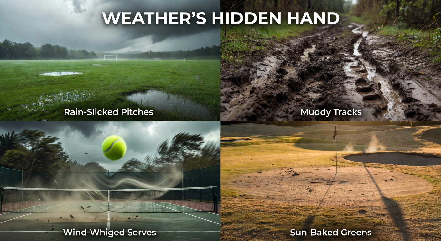 Tennis players battling swirling winds on an outdoor court, serves curving wildly off target