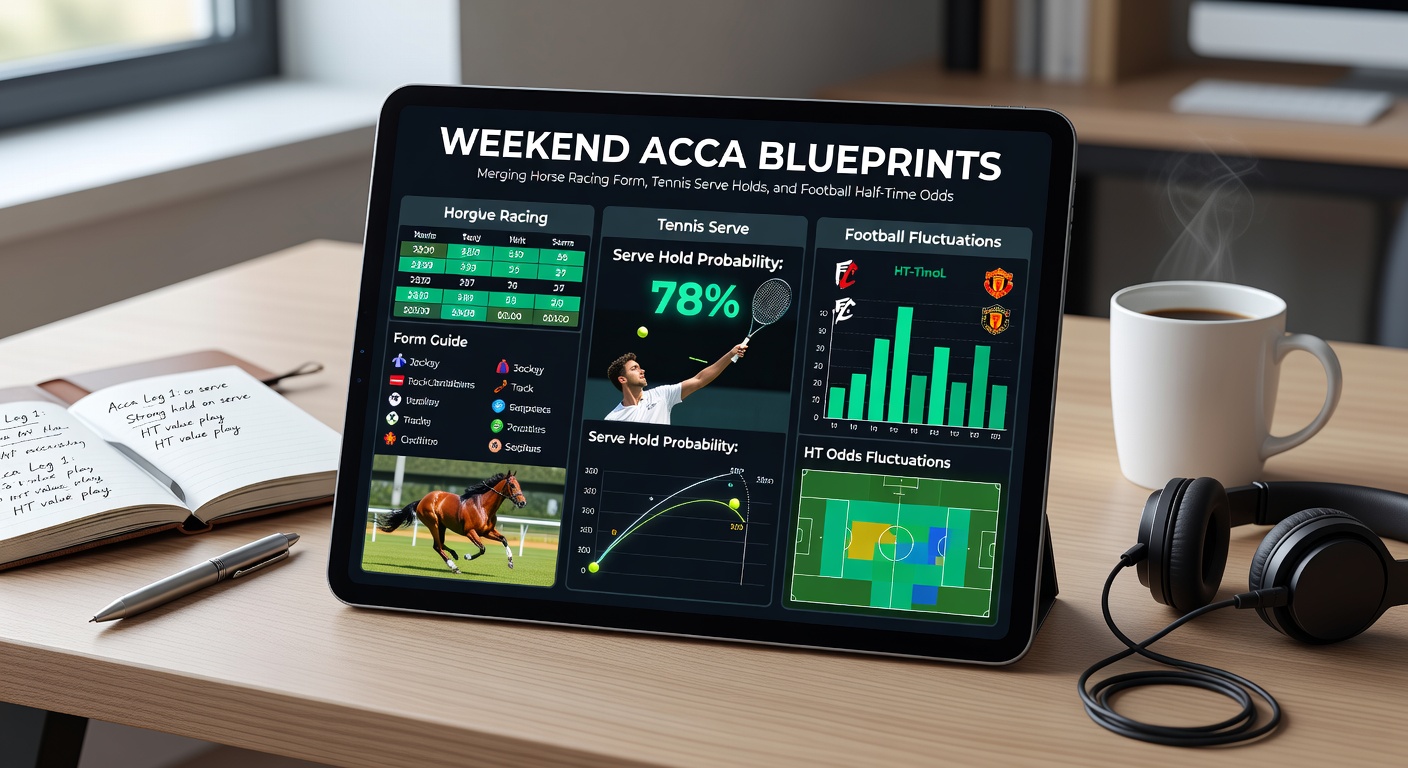 Visual blueprint overlaying horse racing tracks, tennis courts, and football pitches with odds charts and form lines connecting them for accumulator strategies