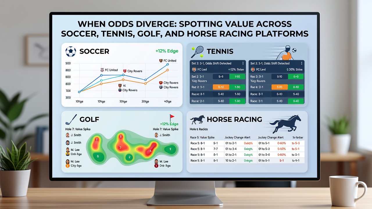 Horse racing odds boards displaying price movements alongside tennis and golf markets