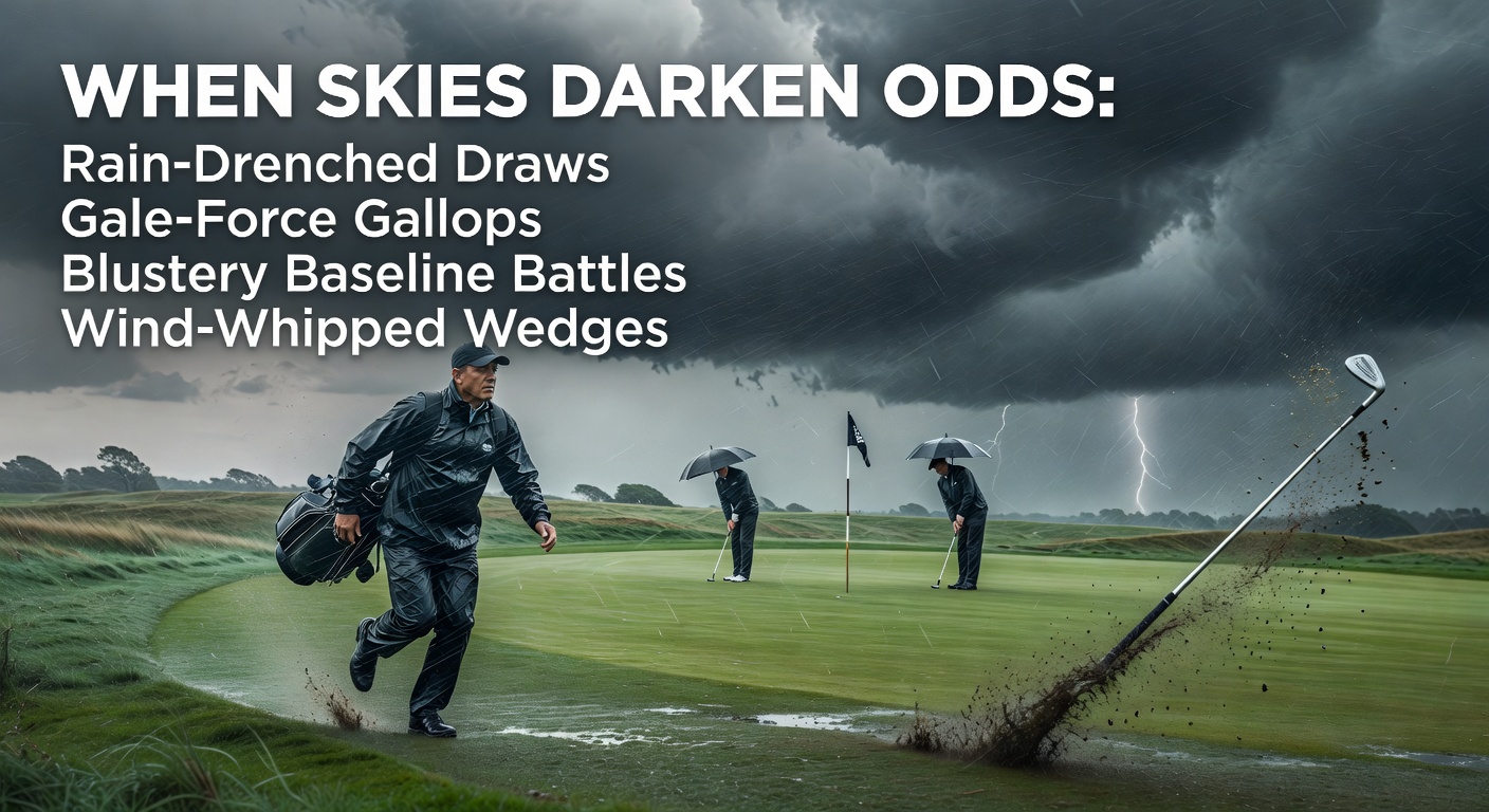 Storm clouds gathering over a rain-soaked soccer pitch during a tense match, with players navigating slippery conditions
