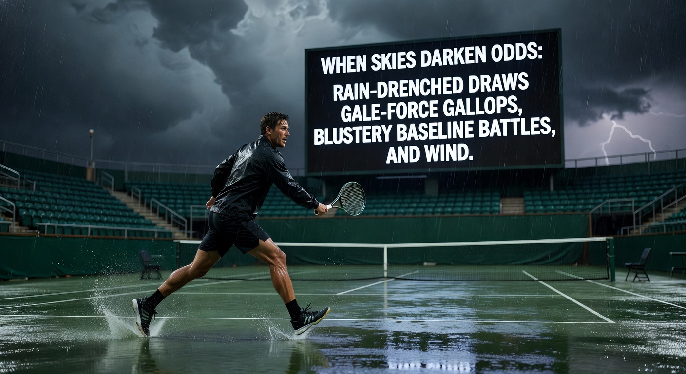 Horse racing under fierce winds, with jockeys leaning into gales as horses splash through a waterlogged track